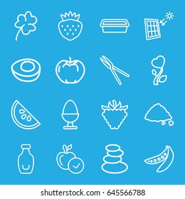 Natural icons set. set of 16 natural outline icons such as apple, spa stones, clover, garden tools, pot for plants, strawberry, raspberry, ground heap, peas, heart flower