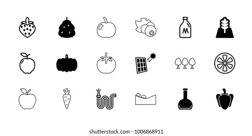 Natural icons. set of 18 editable filled and outline natural icons: berry, pumpkin, pepper, bottle, tree, solar panel, milk can, apple, water hose, lemon, strawberry, currant