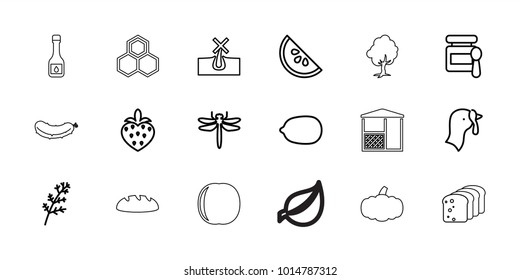 Natural icons. set of 18 editable outline natural icons: turkey, deel, dragonfly, baby food, no hair in skin, lemon, strawberry, watermelon, pumpkin, peach, oil, bread, honey