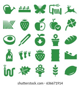 Natural icons set. set of 25 natural filled icons such as wheat, field, milk can, leaf, lemon, bread, deer, butterfly, spa stone, apple, watering can, barrel, water hose