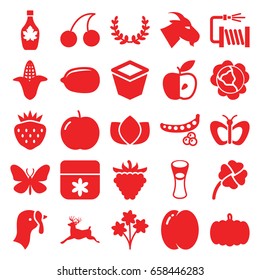 Natural icons set. set of 25 natural filled icons such as turkey, pumpkin, peach, apple, peas, cabbage, corn, goat, deer, butterfly, lotus, flower, cherry, lemon, maple syrup