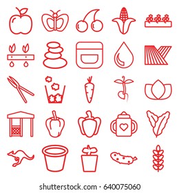 Natural icons set. set of 25 natural outline icons such as cangaroo, field, carrot, spinach, pepper, corn, baby bottle, butterfly, spa stones, lotus, cream, cherry, cucumber