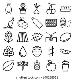 Natural icons set. set of 25 natural outline icons such as dragonfly, cangaroo, wheat, field, leaf, onion, cherry, lemon, shave hair in skin, apple, water drop, cucumber