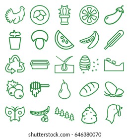 Natural icons set. set of 25 natural outline icons such as butterfly, leaf, turkey, mushroom, berry, currant, pear, peas, eggplant, bread, honey, pine tree, shave hair in skin