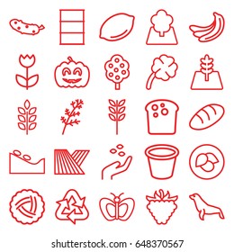 Natural icons set. set of 25 natural outline icons such as seal, wheat, field, leaf, nest, banana, deel, tree, lemon, bread, hand with seeds, butterfly, spa stone, cucumber