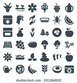 Natural icons. set of 36 editable filled natural icons such as leaf, turkey, cauliflower, beetle, flower, cream, lemon, grape, wheat, family footprint, watering can