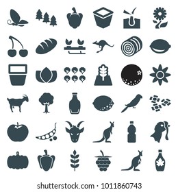 Natural icons. set of 36 editable filled natural icons such as wheat, hay, pumpkin, apple, tree, bread, pine tree, parrot, kangaroo, lotus, maple syrup, pot for plants, lemon