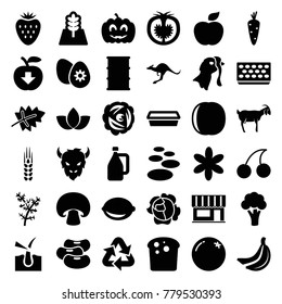 Natural icons. set of 36 editable filled natural icons such as leaf, carrot, orange, cauliflower, kangaroo, goat, flower, cherry, spa stone, bread, barrel, pot for plants
