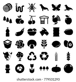 Natural icons. set of 36 editable filled natural icons such as leaf, hay, orange, apple, cherry, pine tree, goat, butterfly, seal, lemon, flower, plant, barrel, water hose