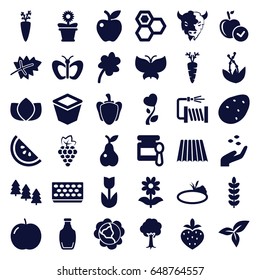 Natural icons set. set of 36 natural filled icons such as field, leaf, potato, apple, grape, cabbage, hand with seeds, pine tree, goat, baby food, butterfly, honey, lotus
