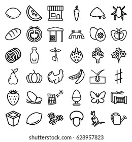 Natural icons set. set of 36 natural outline icons such as beetle, cangaroo, butterfly, mushroom, hay, carrot, lemon, bread, beauty salon, shave hair in skin, watering can