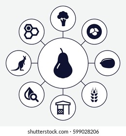 natural icons set. Set of 9 natural filled icons such as wheat, leaf, pear, cauliflower, kangaroo, honey, Lemon, gazebo