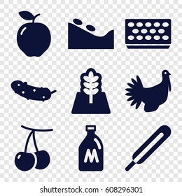 Natural icons set. set of 9 natural filled icons such as milk can, apple, cherry, spa stone, cucumber, pot for plants, themometer, turkey