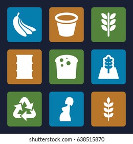 Natural icons set. set of 9 natural filled icons such as wheat, barrel, pot for plants, pregnant woman, tree, banana, recycle