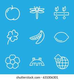 Natural icons set. set of 9 natural outline icons such as dragonfly, apple, clover, flower, lemon, peas, barn, global home