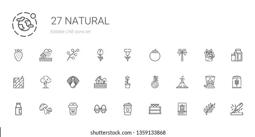 natural icons set. Collection of natural with butterfly, fruit, coffee, organic eggs, mushroom, milk, volcano, thermometer, tulip, flood. Editable and scalable natural icons.
