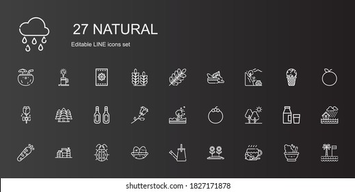natural icons set. Collection of natural with coffee, flower, watering can, nest, ladybug, proteins, healthy food, tree, mangosteen, hurricane. Editable and scalable natural icons.