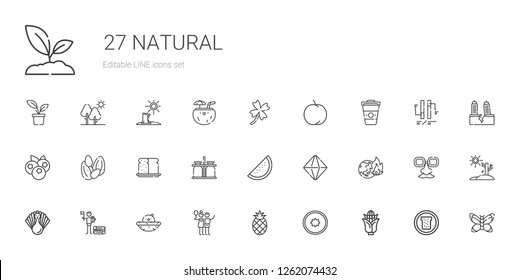 natural icons set. Collection of natural with corn, kiwi, pineapple, birch, chick, wood, turkey, global warming, minerals, watermelon, milk jar. Editable and scalable natural icons.