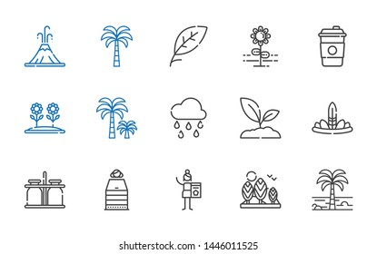 natural icons set. Collection of natural with palm tree, tree, charcoal, sauna, milk jar, feathers, sprout, raining, flower, coffee, leaf. Editable and scalable natural icons.