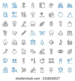 natural icons set. Collection of natural with strawberry, cactus, tree, tote bag, landslide, leaf, massage, milk, palm tree, chicken coop. Editable and scalable natural icons.