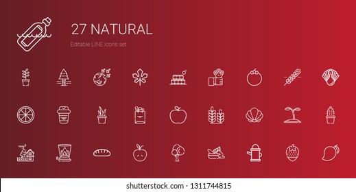 natural icons set. Collection of natural with watering can, mortar, tree, apple, bread, burner, flood, seashell, wheat, tote bag, plant, coffee. Editable and scalable natural icons.
