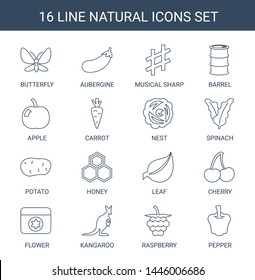 natural icons. Trendy 16 natural icons. Contain icons such as butterfly, aubergine, musical sharp, barrel, apple, carrot, nest, spinach, potato. natural icon for web and mobile.