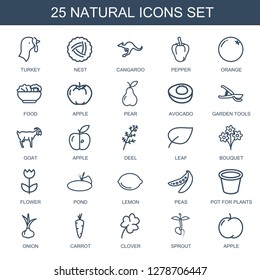 natural icons. Trendy 25 natural icons. Contain icons such as turkey, nest, cangaroo, pepper, orange, food, apple, pear, avocado, garden tools. natural icon for web and mobile.