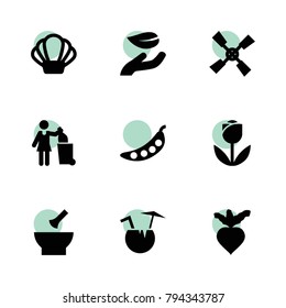 Natural icons. vector collection filled natural icons set.. includes symbols such as windmill, beet, leaf in hand, pea, woman with garbage. use for web, mobile and ui design.