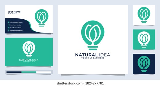 Natural idea leaf logo with line art style and business card design template, tree, idea, smart.Premium Vector
