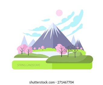 Natural illustration with big mountain. Flat style. Asian landscape.