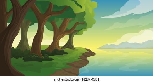 natural illustration on the coast of the island with lots of trees with views of sunrise, mountains and sea backgrounds