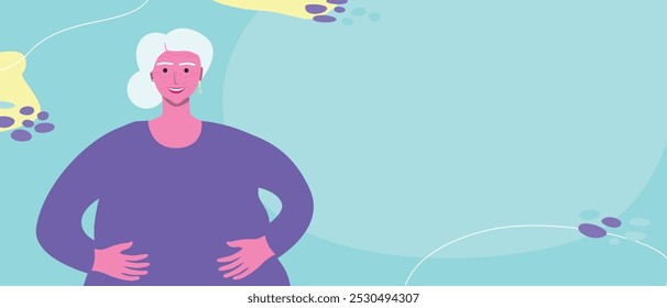 Natural imperfect elderly overweight woman, premium flat vector stock illustration as template with copy space