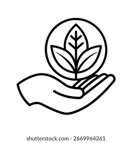 natural ingredient leaf in hand outline icon