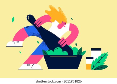 Natural ingredients, ayurvedic remedy concept. Positive woman cartoon character grinding plants and natural ingredients in huge jar for treatment or cosmetics vector illustration