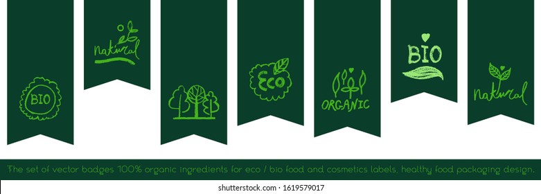 Natural ingredients badge. Emblem organic ingredients with vector leaf icons. 100% organic ingredients for eco food and cosmetics labels, healthy food packaging design. Vegetarian store.