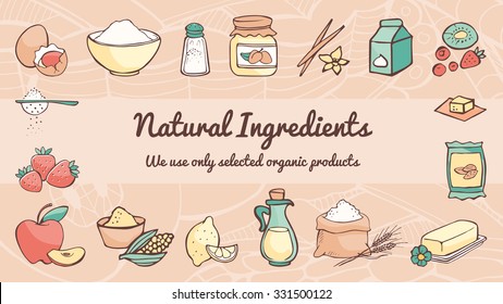 Natural ingredients and cooking hand drawn banner, healthy eating concept