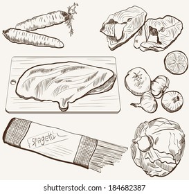natural ingredients for cooking. set of vector sketches