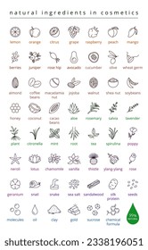 Natural ingredients in cosmetics vector icons set, editable stroke