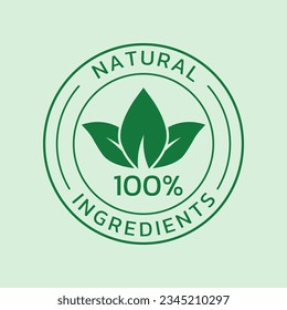 Natural ingredients icon, label or logo. Organic food, pure product seal or sticker with leaf. 100 percent natural badge or symbol. Vector illustration.