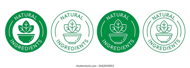 Natural ingredients label icon set.  100% Natural and organic Product Icon Circle Sign food labels. Healthy Food Emblem. Organic food Badge. Eco friendly icons. Ecologic food stamps. Vector