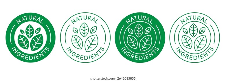 Natural ingredients label icon set.  100% Natural and organic Product Icon Circle Sign food labels. Healthy Food Emblem. Organic food Badge. Eco friendly icons. Ecologic food stamps. Vector