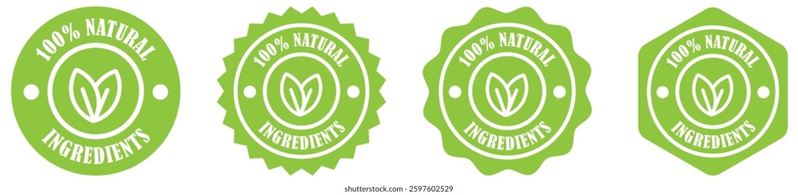 Natural ingredients stamp collection set. 100% natural ingredients seal. organic product label. eco-friendly certification stamp. healthy product badge. Sustainable quality mark. ingredients.