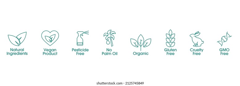 natural ingredients, vegan product, pesticides free, no palm oil, organic, gluten-free, cruelty-free, GMO-free icon set