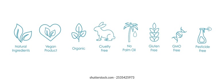 natural ingredients, vegan product, pesticides free, no palm oil, organic, gluten-free, cruelty-free, GMO-free icon set 