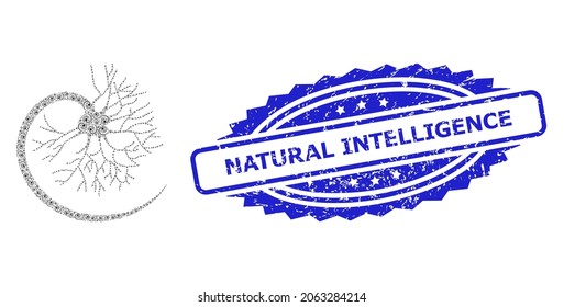 Natural Intelligence dirty stamp seal and vector recursive mosaic neuron. Blue stamp seal contains Natural Intelligence tag inside rosette. Vector mosaic is formed of scattered rotated neuron icons.