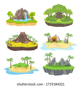 Natural island set. Tropical isometric green island with palm and trees, with a brown volcano in the center, yellow bungalow on the shore, blue waterfall. Vector graphics in flat style.
