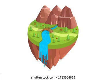 Vector isométrico natural con montañas y ríos