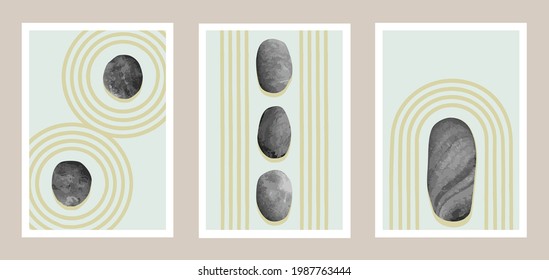 Natural Japanese stone garden art set. Minimalistic abstract wall art drawing, stone and sand pattern for t shirt print, cover, wallpaper and textile print.
