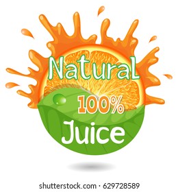 Natural Juice, 100% Percent, Sticker, Orange, Spray, Fresh, Organic, Green Leaf, Vector Illustration EPS10