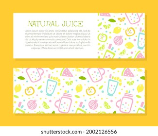 Natural Juice Horizontal Banner Template with Text, Flyer, Card, Packaging Design with Tropical Fruits and Refreshing Summer Drinks Seamless Pattern Hand Drawn Vector Illustration